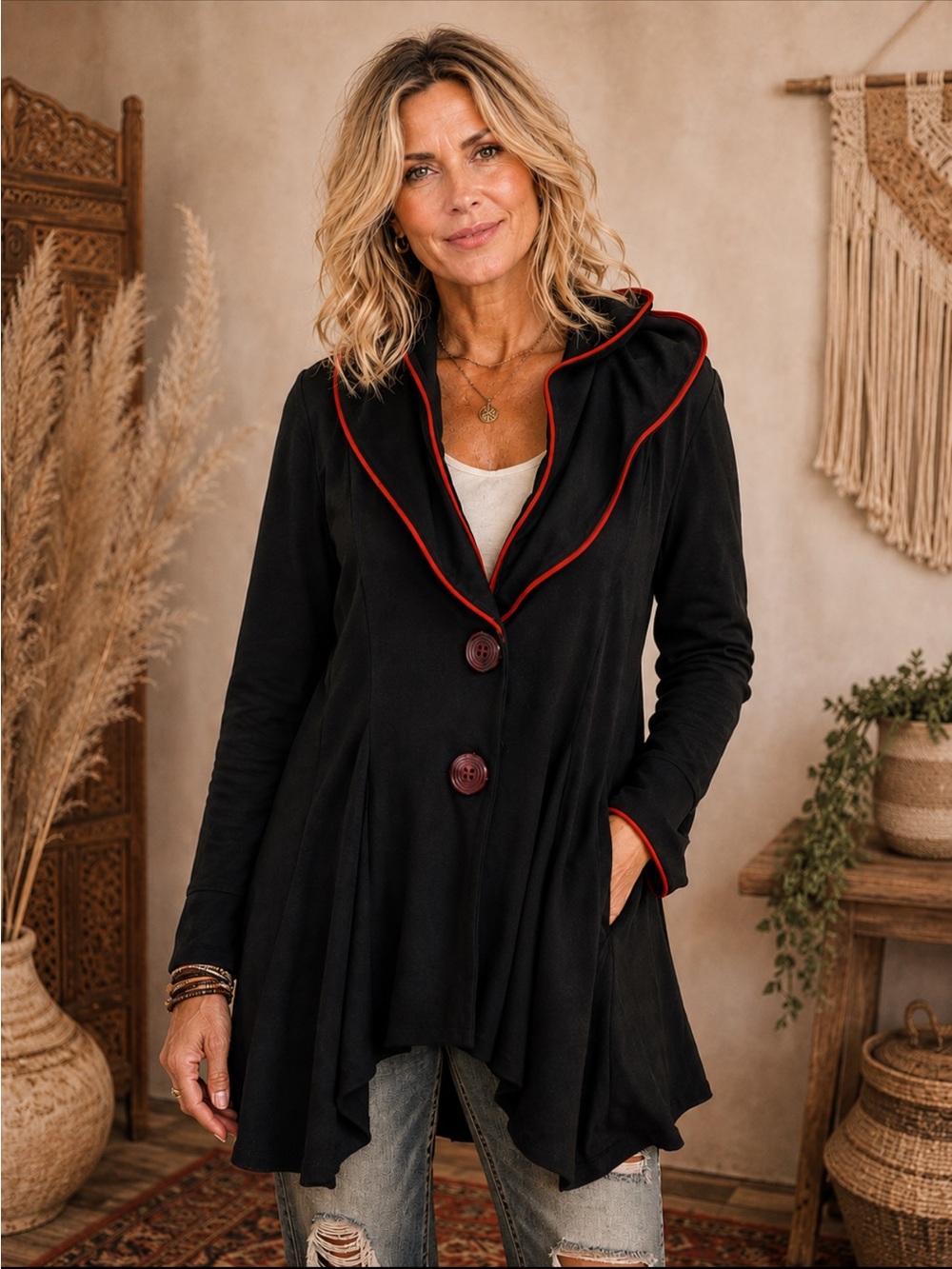 Joseph Ribkoff Swing Jacket Wired Ruffle Collar Red Trim Black Size XL 14